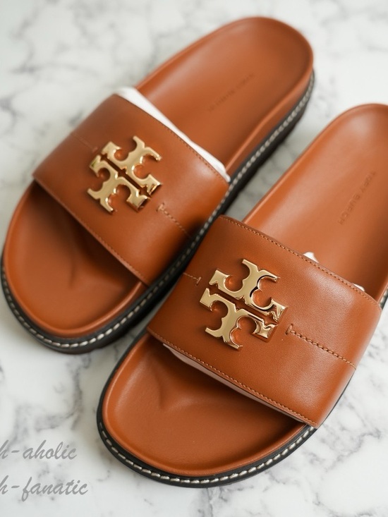 Tory Burch Shoes - Tory Burch Tan Leather Slide Sandals with Gold Logo